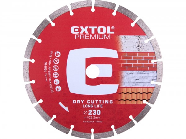 EXTOL PREMIUM kotouč diamantový řezný, segmentový Long Life - suché řezání, 230x22,2x2,8mm